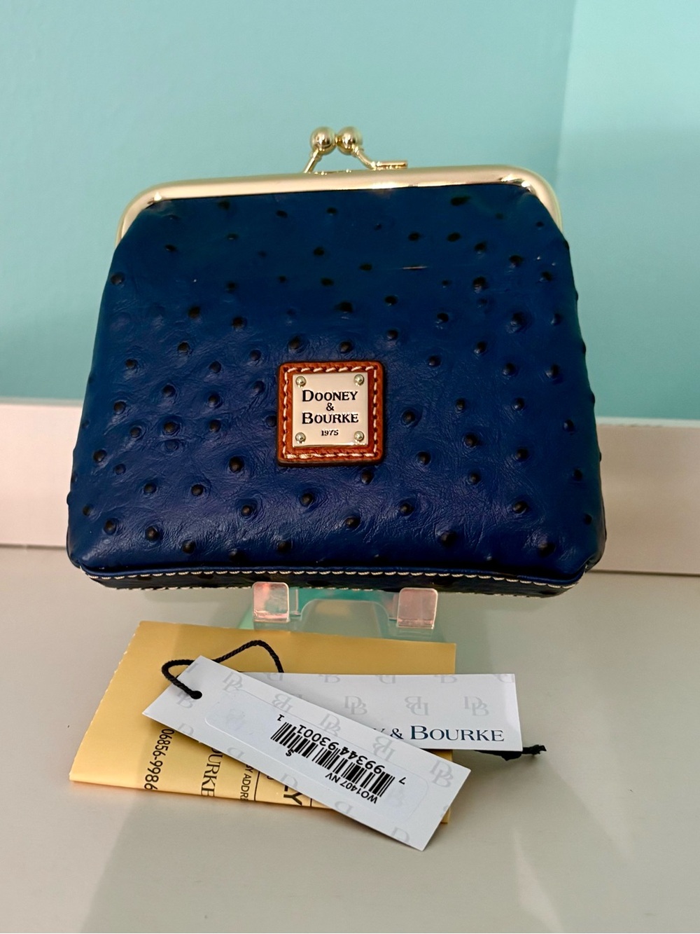Dooney & Bourke Navy Ostrich embossed large Kiss-Lock Leather Coin Purse